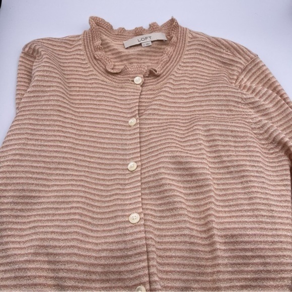 Ann Taylor Loft Striped Metallic Button Up Cardigan Sweater Blush Pink Medium - Picture 3 of 6
